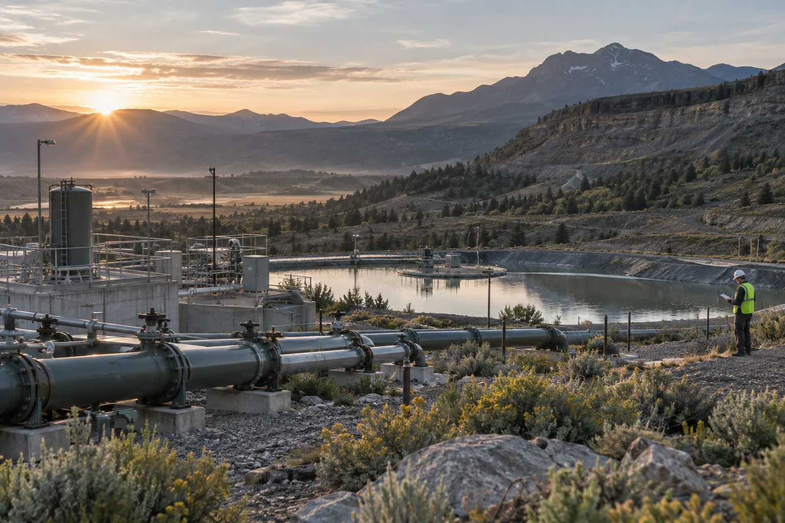 Utility infrastructure at a groundwater treatment site, with a field supervisor documenting work