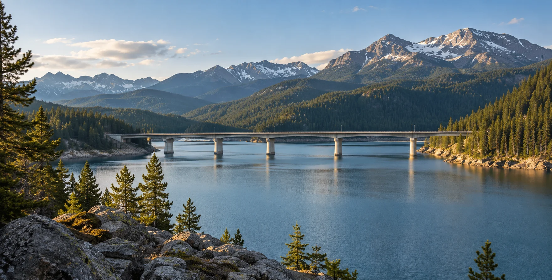 A concrete bridge across a mountain reservoir framed by evergreen forest in warm evening light