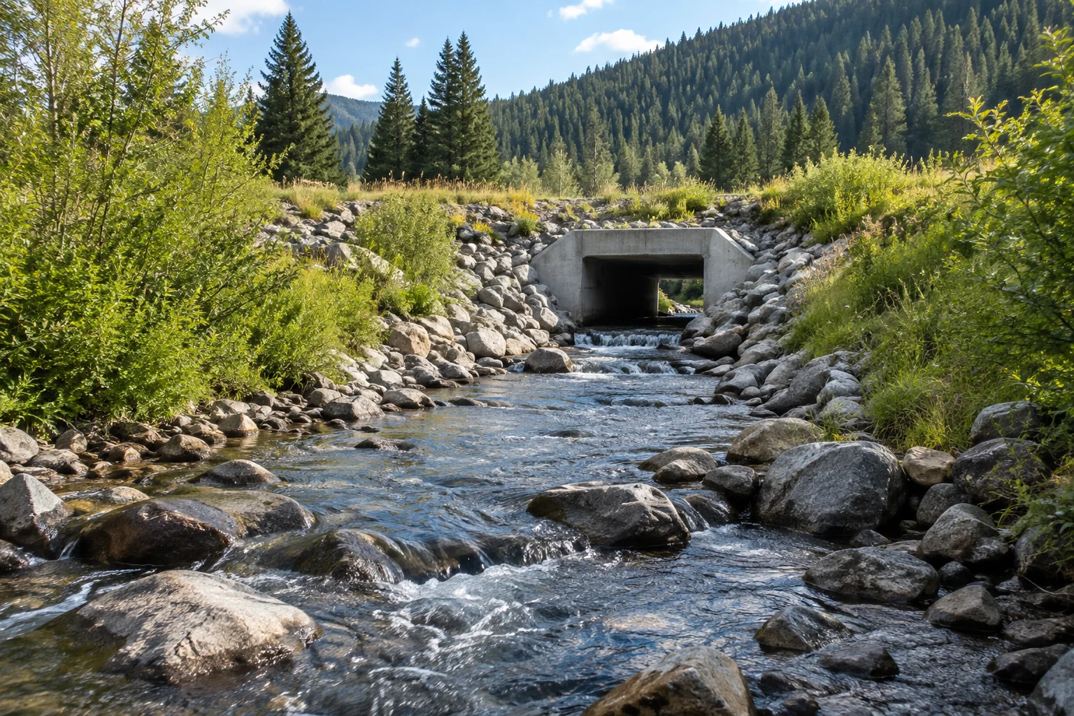 A rocky water channel and drainage structure surrounded by native plants and forested hills