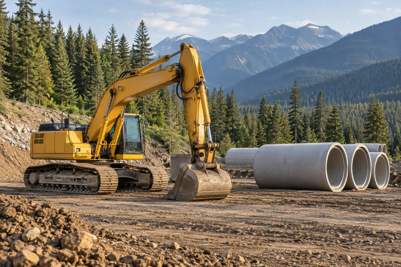 An excavator and staged utility pipes at a graded site beside evergreen forest and mountains